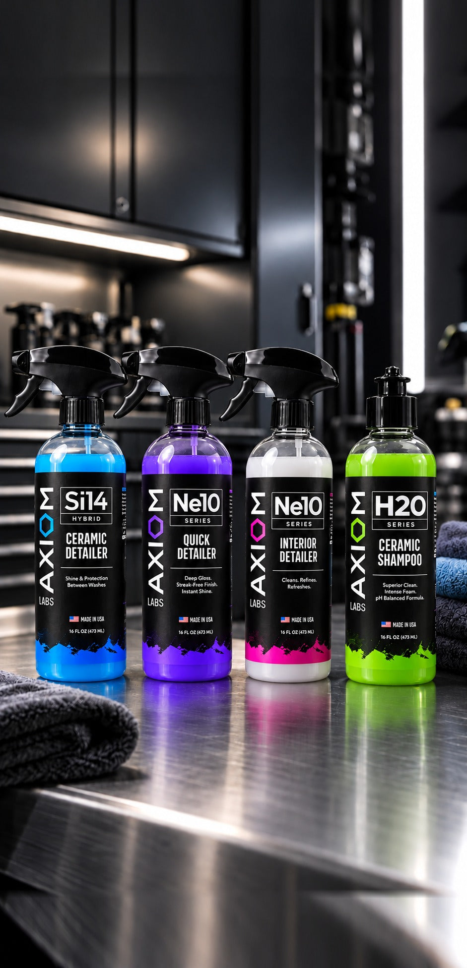 Si14, Ne10, and H2O bottles lined up on a steel bench